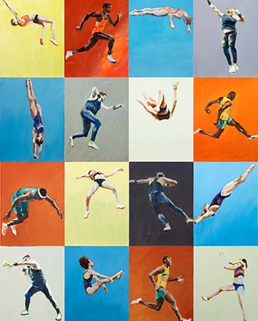 16 paintings of Olympic athletes: diver, sprinter, discus thrower, high jumper